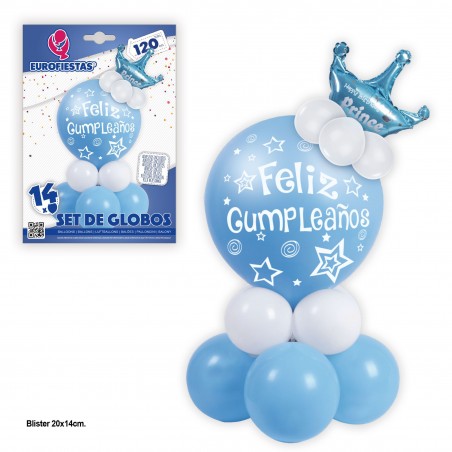 Conjunto de balões azuis de feliz aniversário com coroa