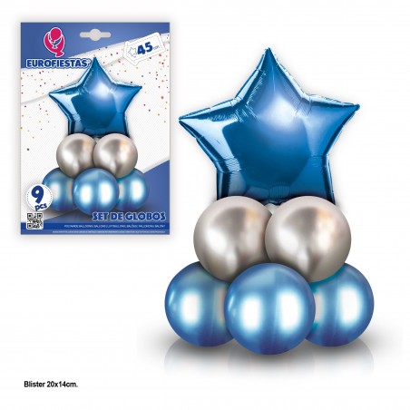 Conjunto De 8 Balões Cromados Com Estrela De Poliamida Azul