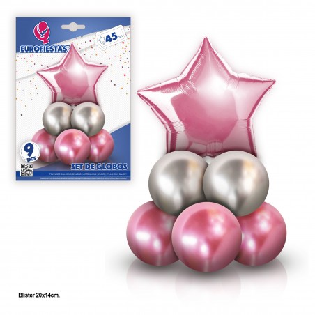Conjunto de 8 balões cromados com estrela de poliamida rosa