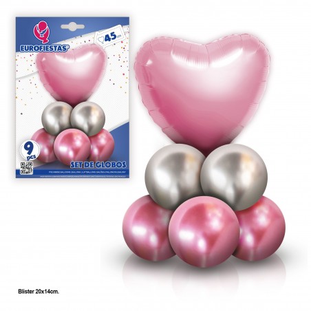 Conjunto de 8 balões cromados com coração em poliamida rosa