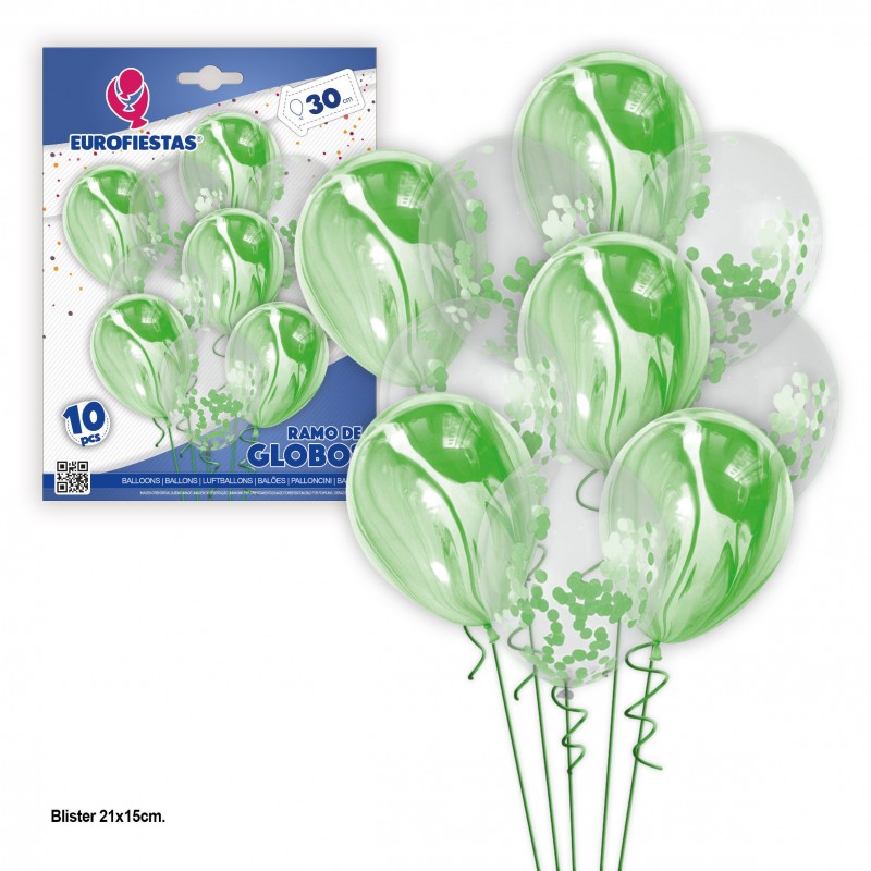 Conjunto de 10 balões de mármore e confetes verdes