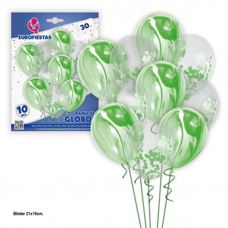 Conjunto de 10 balões de mármore e confetes verdes