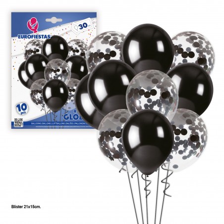 Buquê de 10 balões pretos e confetes prateados
