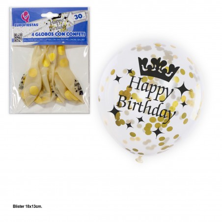 Balão de confete ouro transparente 4 feliz aniversário
