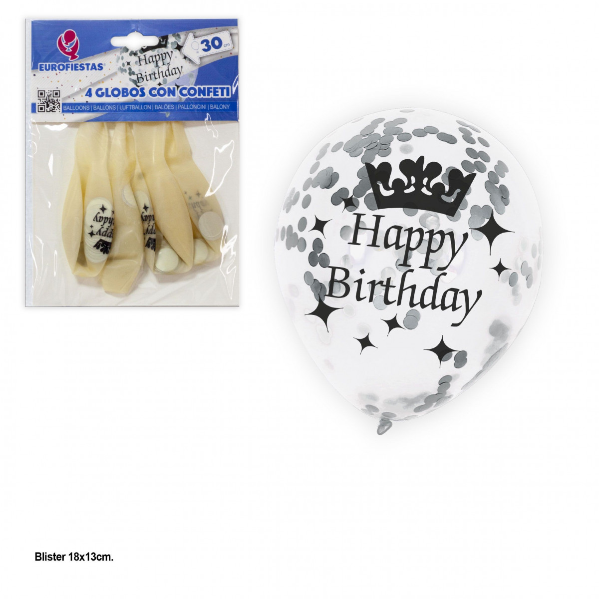 Balão transparente prata confete 4 feliz aniversário