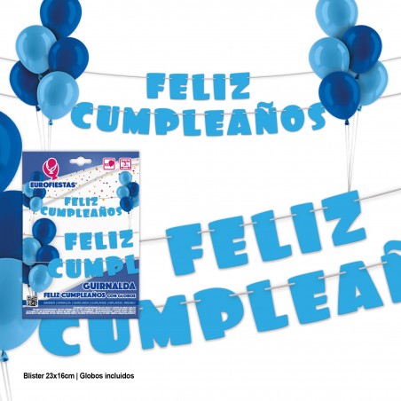 Gorland Azul De Feliz Aniversário Com Balões