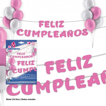 Guirlanda rosa de feliz aniversário com balões