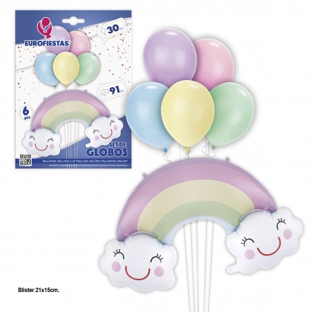 Balão arco-íris de poliamida com balões de látex pastel