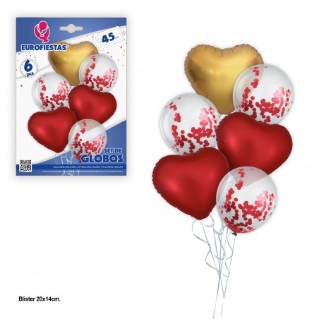 Conjunto de balões de poliamida corações vermelhos e dourados com látex confete vermelho