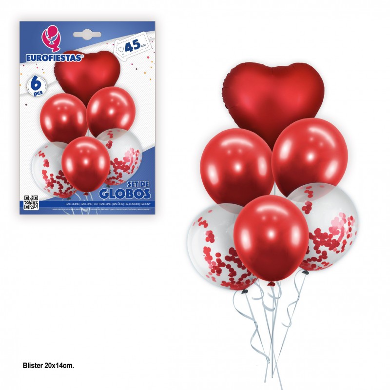 Conjunto de balões de látex vermelhos e confetes vermelhos com poliamida de coração vermelho