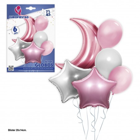 Conjunto de balões lua rosa em poliamida e látex