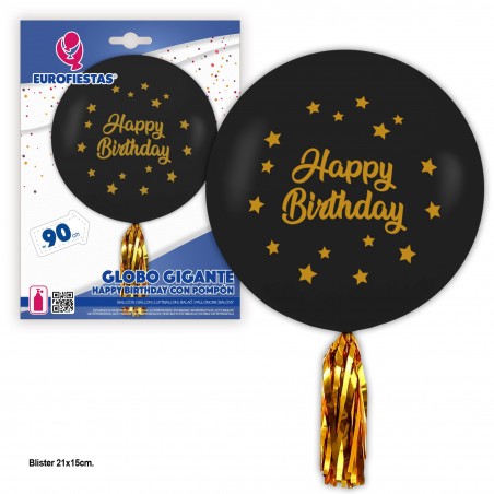 Balão gigante de látex preto com estrelas de feliz aniversário com pompom