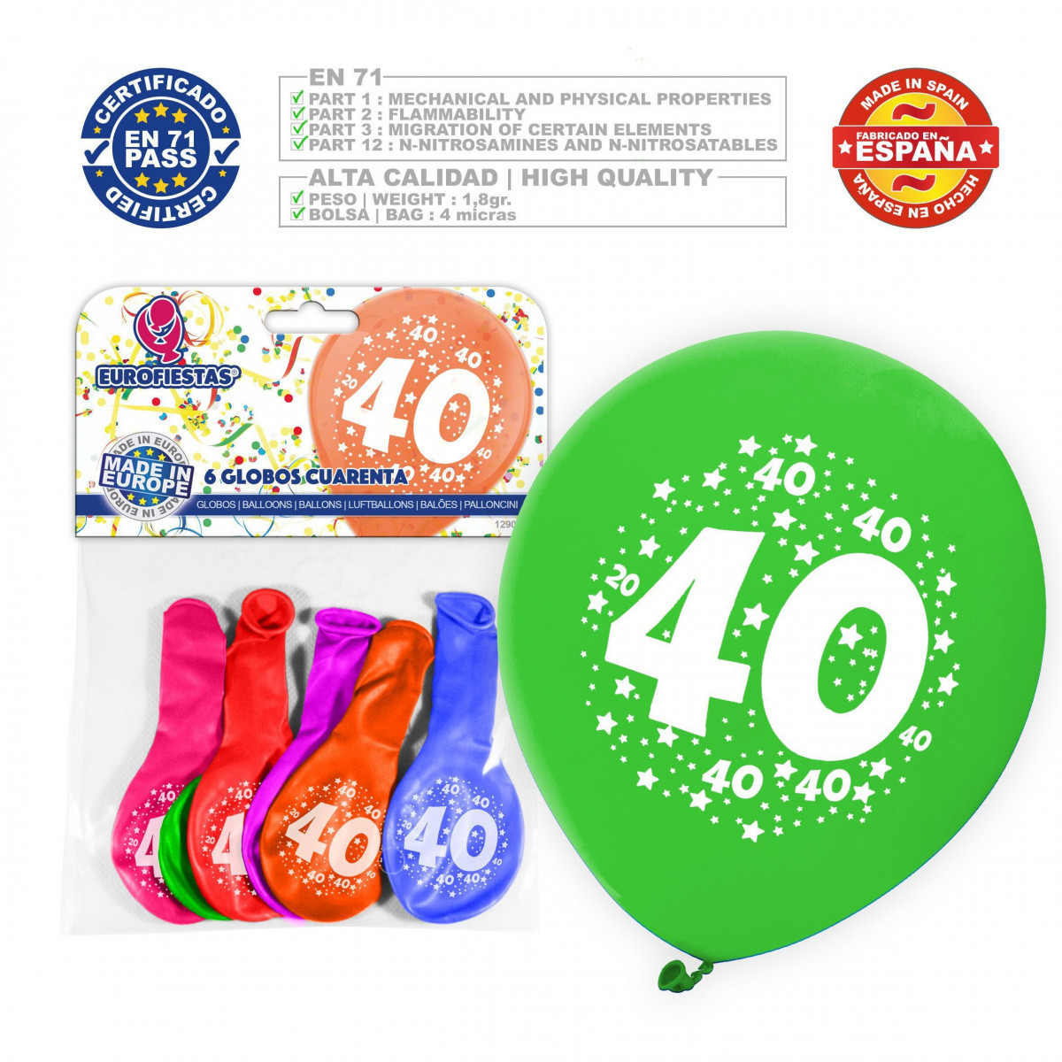 Baloons em cores sortidas 9r número 40 impresso 6 unidades