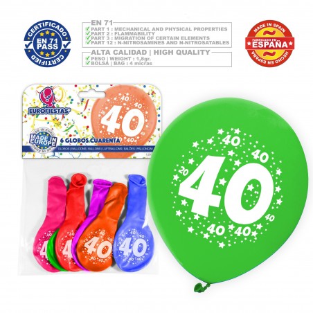 Balão De Cores Sortidas 9r Número 40 Estampado6 Unidades