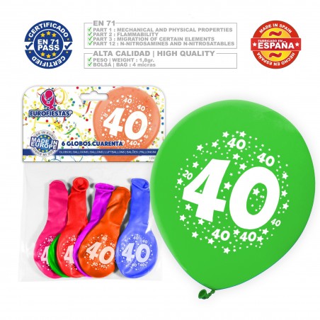 Baloons em cores sortidas 9r número 40 impresso 6 unidades