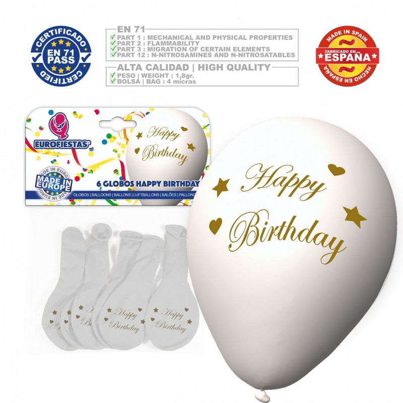 Balão cores sortidas 9r happy birthday gold impresso 6 unidades