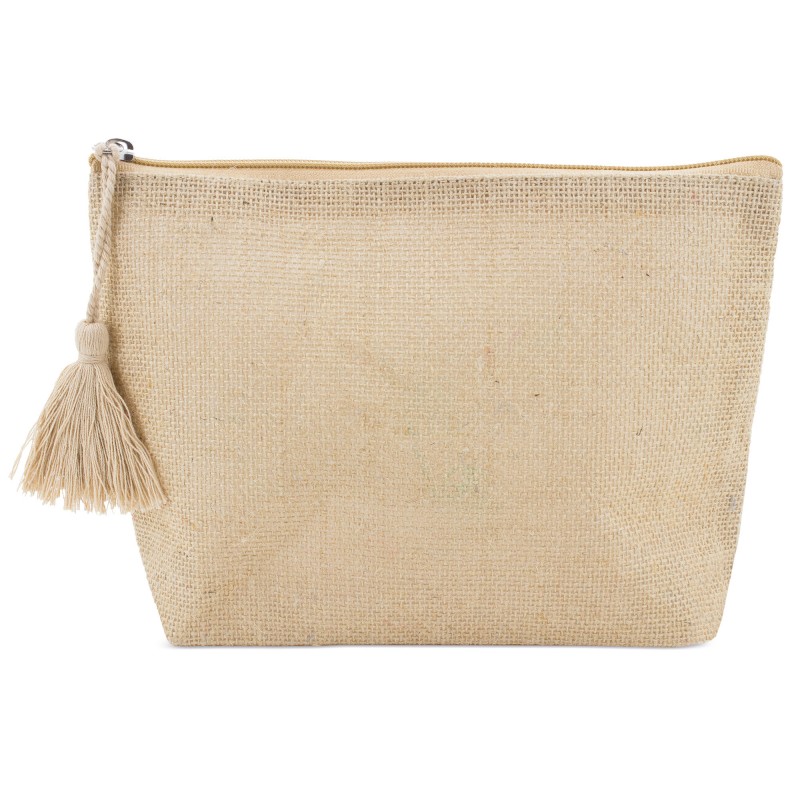 Necessaire de juta laminada com pompom Elegância natural para qualquer ocasião