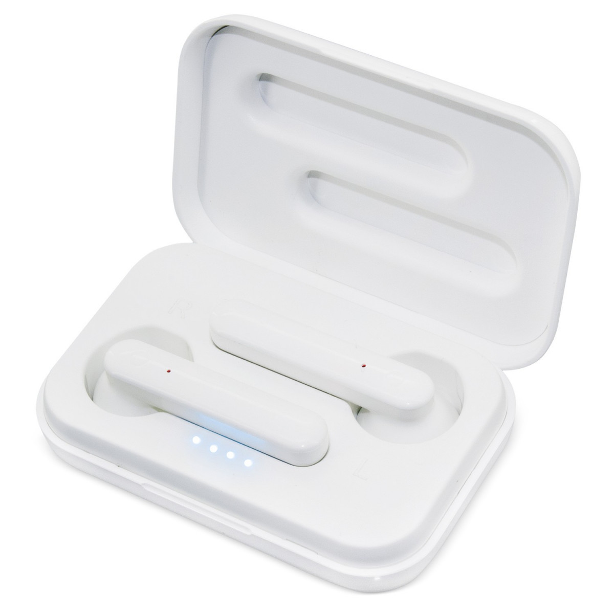 Fone de ouvido bluetooth branco apresentado na caixa