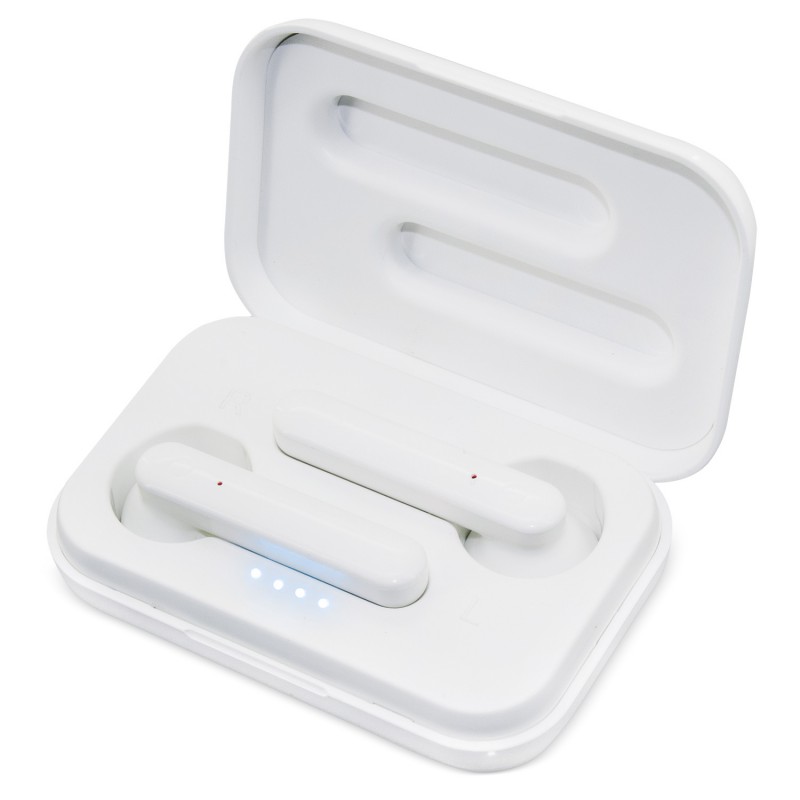 Fone de ouvido bluetooth branco apresentado na caixa