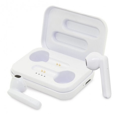 Fone de ouvido bluetooth branco apresentado na caixa