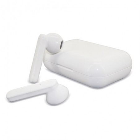 Fone de ouvido bluetooth branco apresentado na caixa