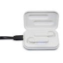 Fone de ouvido bluetooth branco apresentado na caixa