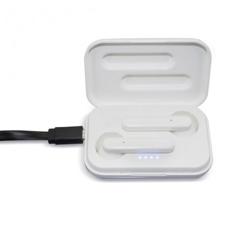 Fone de ouvido bluetooth branco apresentado na caixa