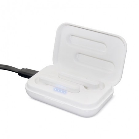Fone de ouvido bluetooth branco apresentado na caixa
