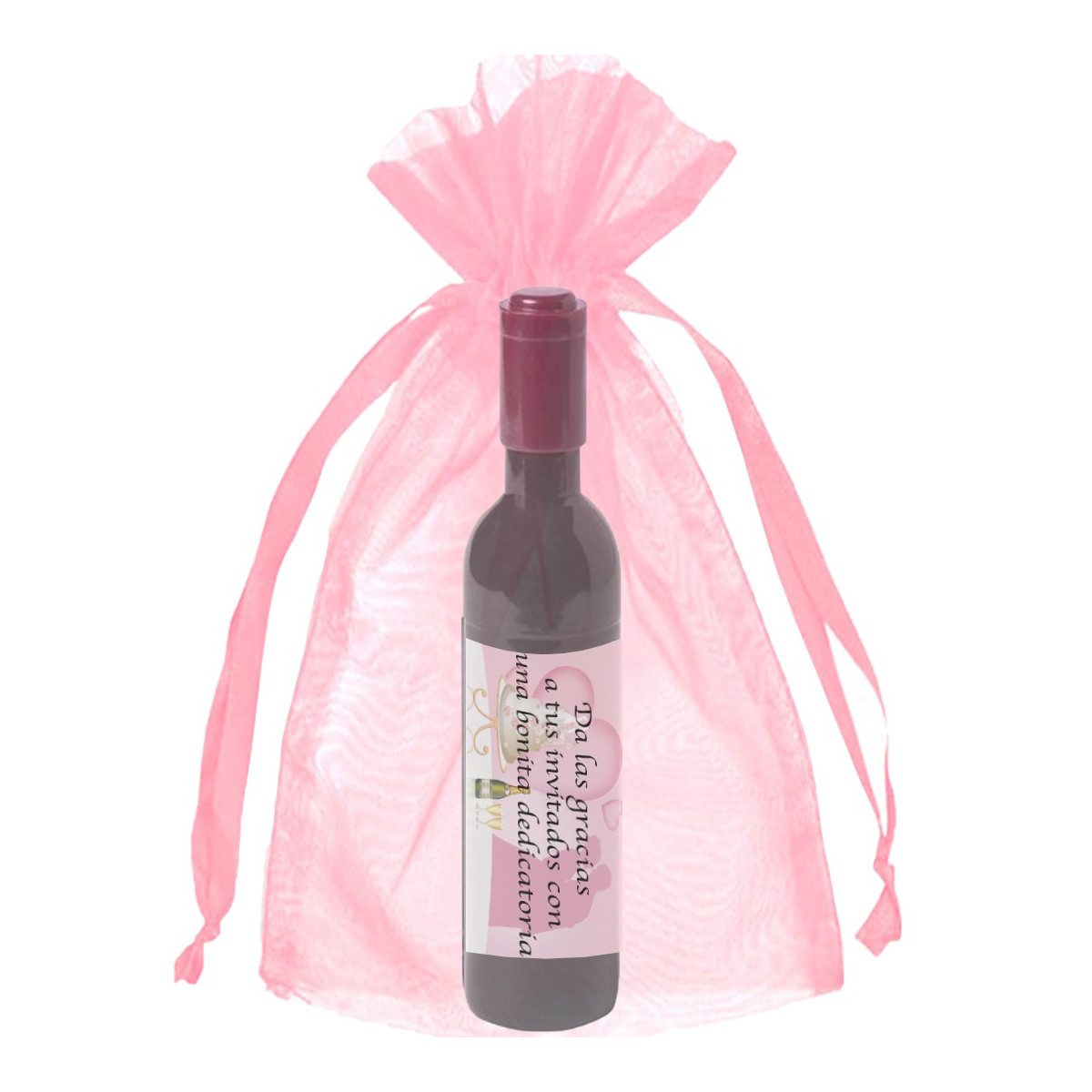 Saca-rolhas personalizado com adesivo em bolsa de organza rosa