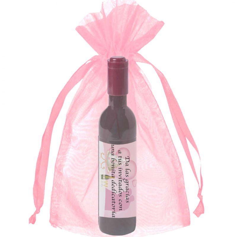 Saca-rolhas personalizado com adesivo em bolsa de organza rosa