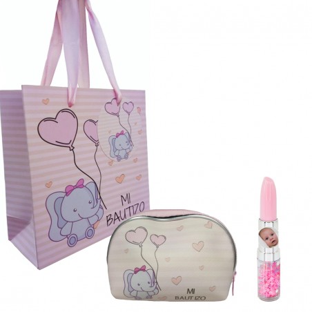Batom caneta personalizada com foto e bolsa rosa para batizado apresentado em bolsa rosa