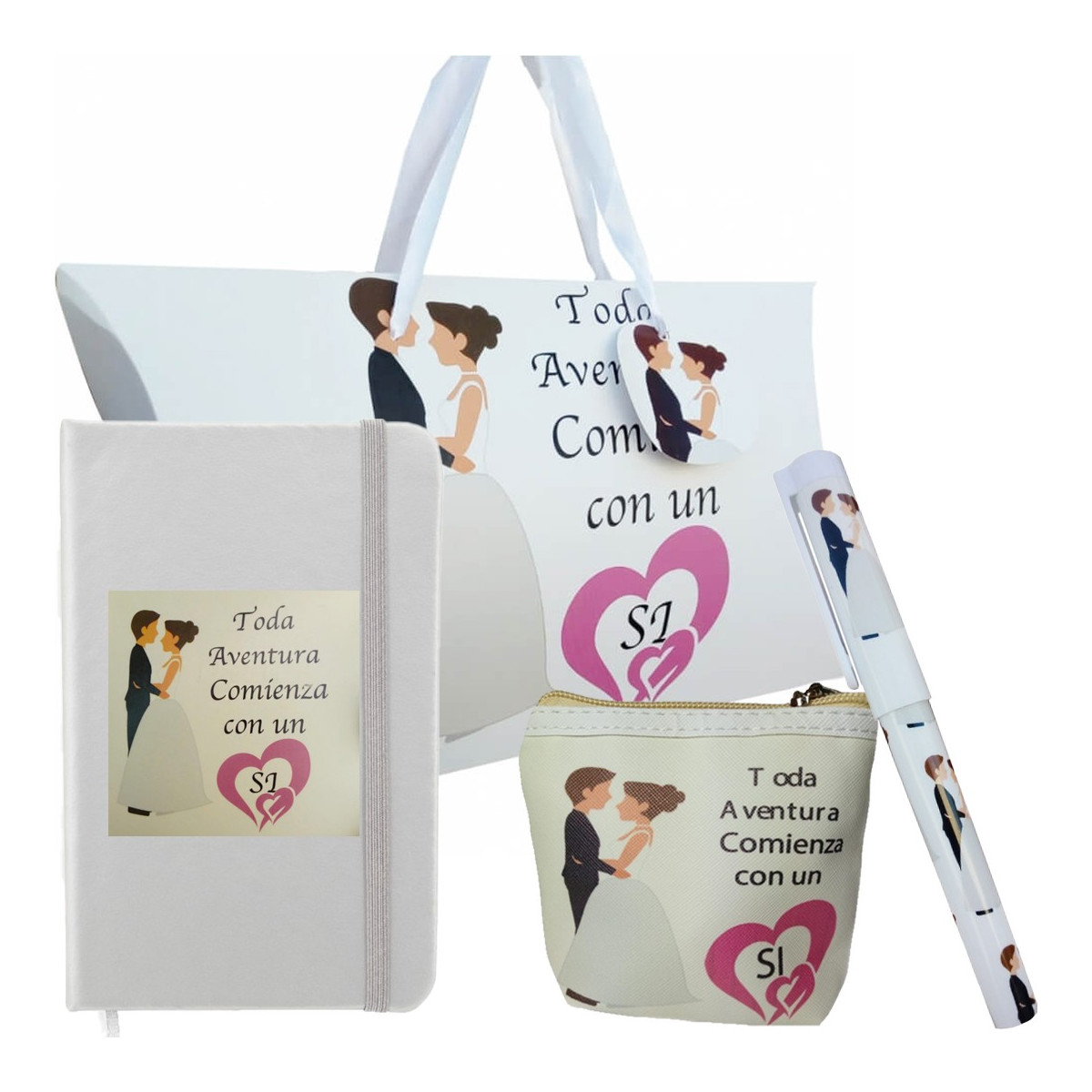 Conjunto de casamento: caderno, caneta e bolsa para os seus convidados