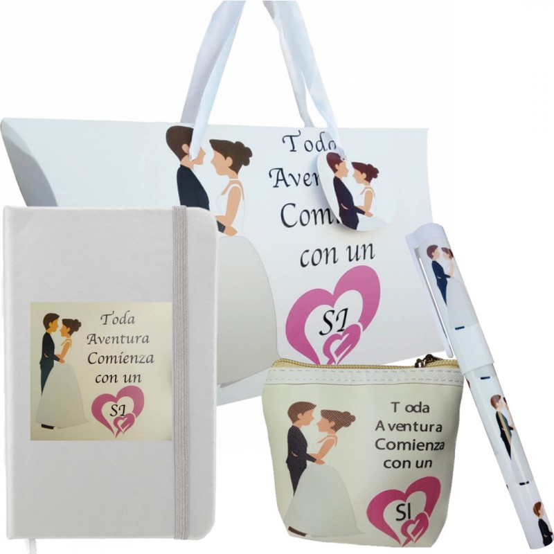 Conjunto de casamento: caderno, caneta e bolsa para os seus convidados