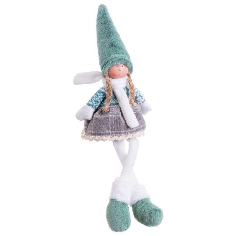 Boneca menina pernas tecido turquesa 15 x 9 x 45 cm