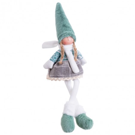 Boneca menina pernas tecido turquesa 15 x 9 x 45 cm