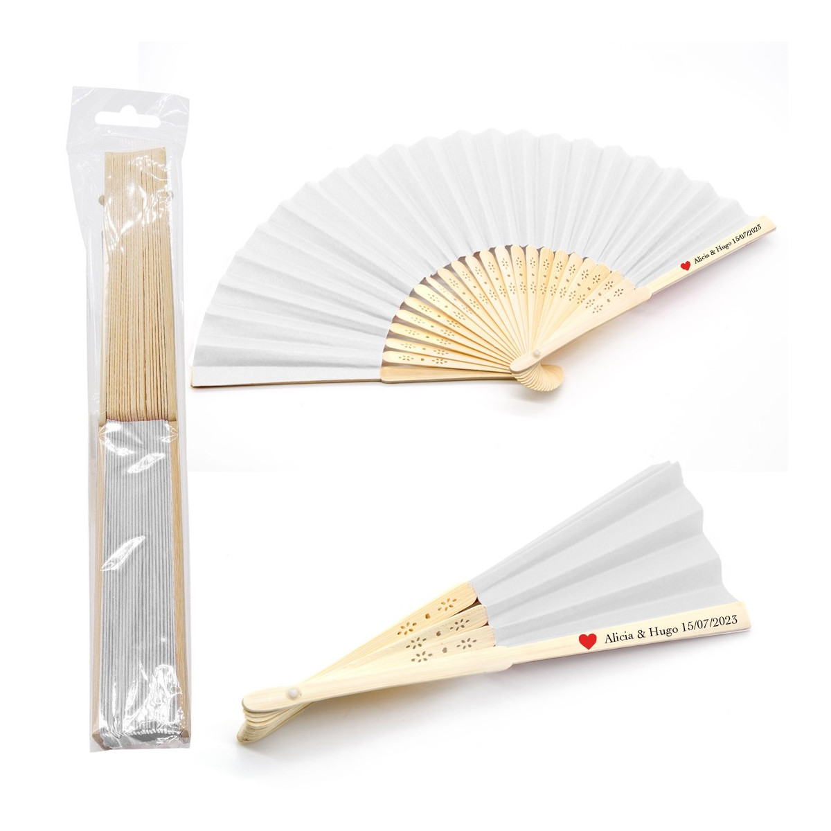 Leque de bambu personalizado com adesivo de design de coração