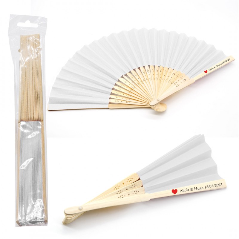 Leque de bambu personalizado com adesivo de desenho de coração