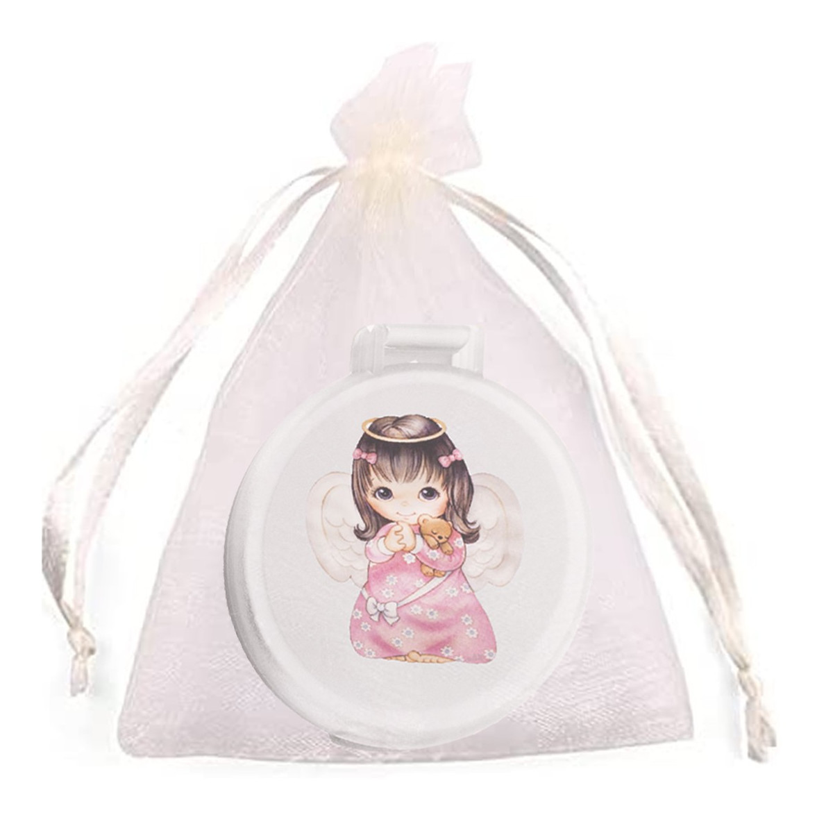 Adesivo de espelho branco com garotinha anjinho em bolsa de organza bege