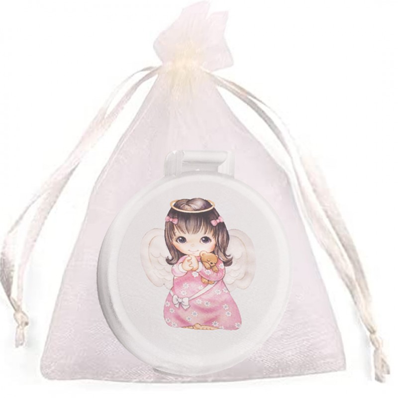 Adesivo de espelho branco com garotinha anjinho em bolsa de organza bege