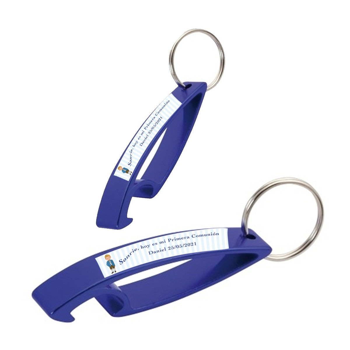 Chaveiro abridor de garrafas azul personalizado com adesivo de menino da comunhão