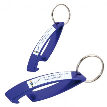 Chaveiro abridor de garrafas azul personalizado com adesivo de menino da comunhão