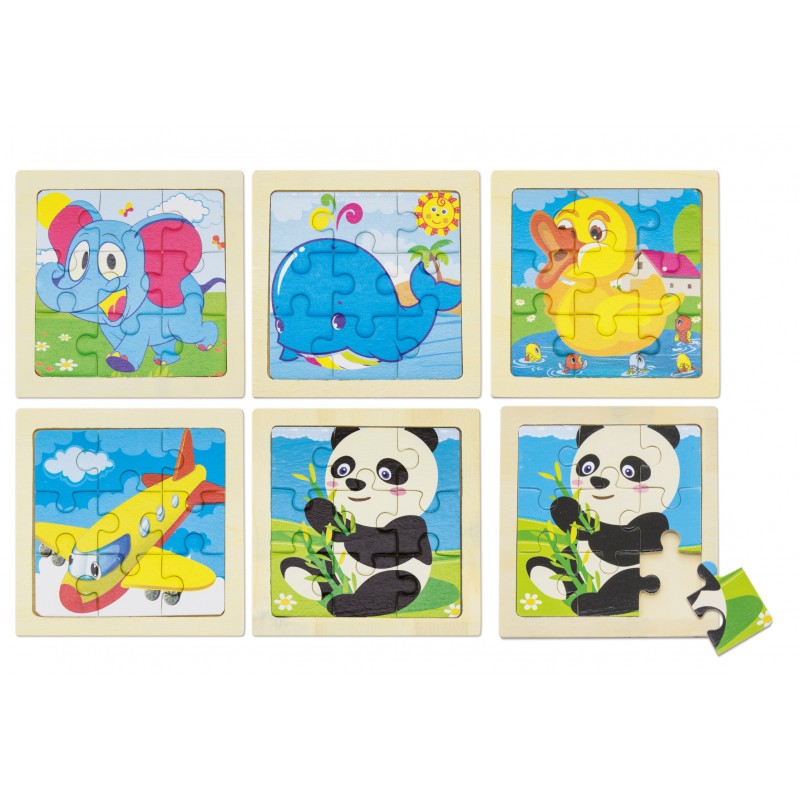 Conjunto de 5 Quebra-Cabeças Infantis de Madeira Animais e Veículos