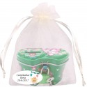 Cofrinho infantil em cores sortidas em saquinho de organza bege personalizado com adesivo