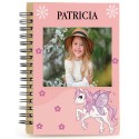Caderno unicórnio rosa personalizado com nome e foto em cores vivas