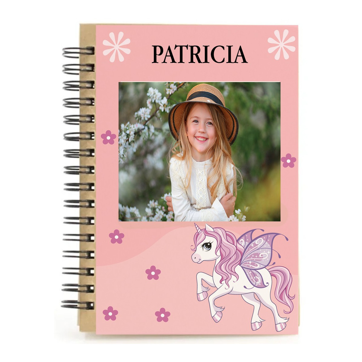 Caderno unicórnio rosa personalizado com nome e foto em cores vivas