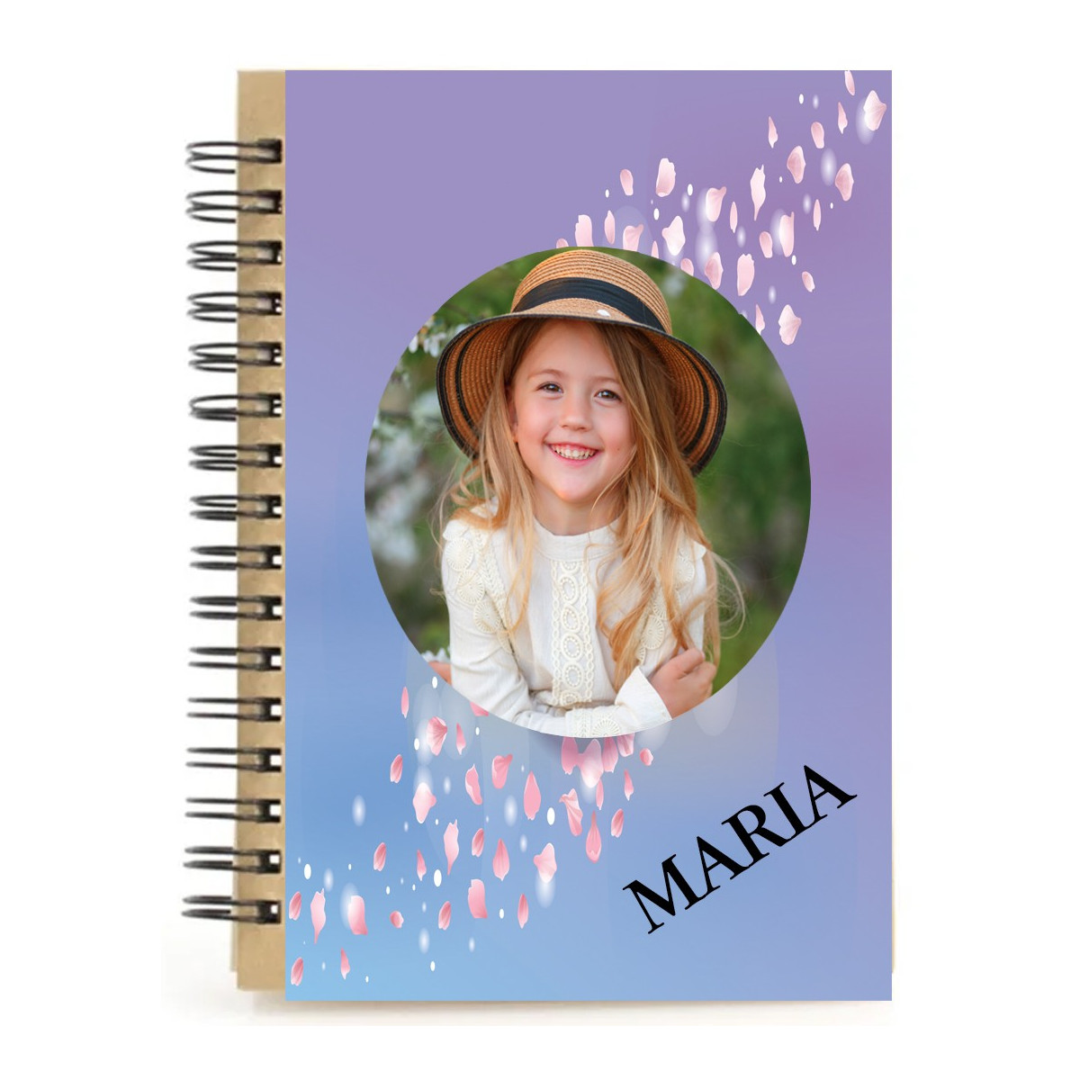 Caderno personalizado com pétalas de flores, com nome e foto em cores vivas