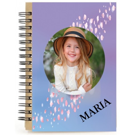 Caderno personalizado de pétalas de flores com nome e foto colorida