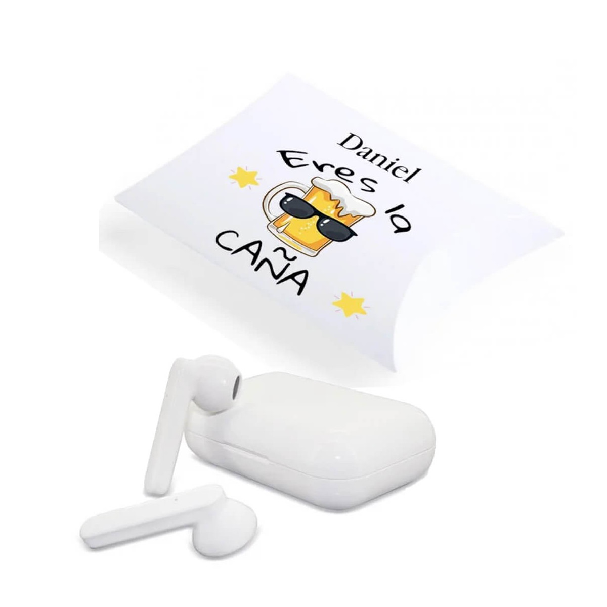 Fones de ouvido bluetooth apresentados em uma caixa de presente personalizada eres la caña