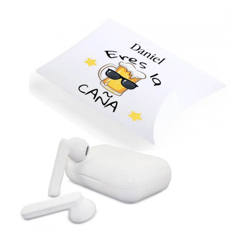 Fones de ouvido bluetooth apresentados em uma caixa de presente personalizada eres la caña