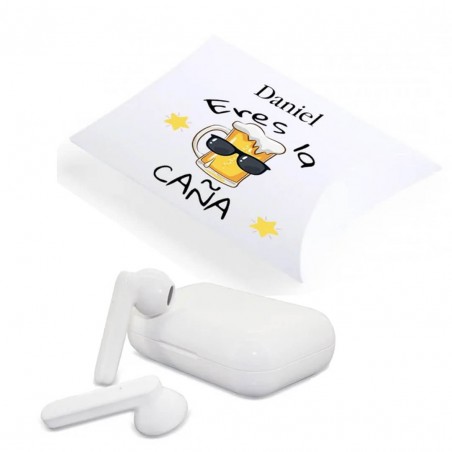 Fones de ouvido bluetooth apresentados em uma caixa de presente personalizada eres la caña